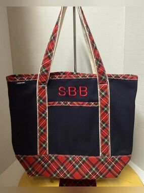Lands' End Navy/Red Plaid Plaid Trim Monogram  Canvas Tote Bag NWOT